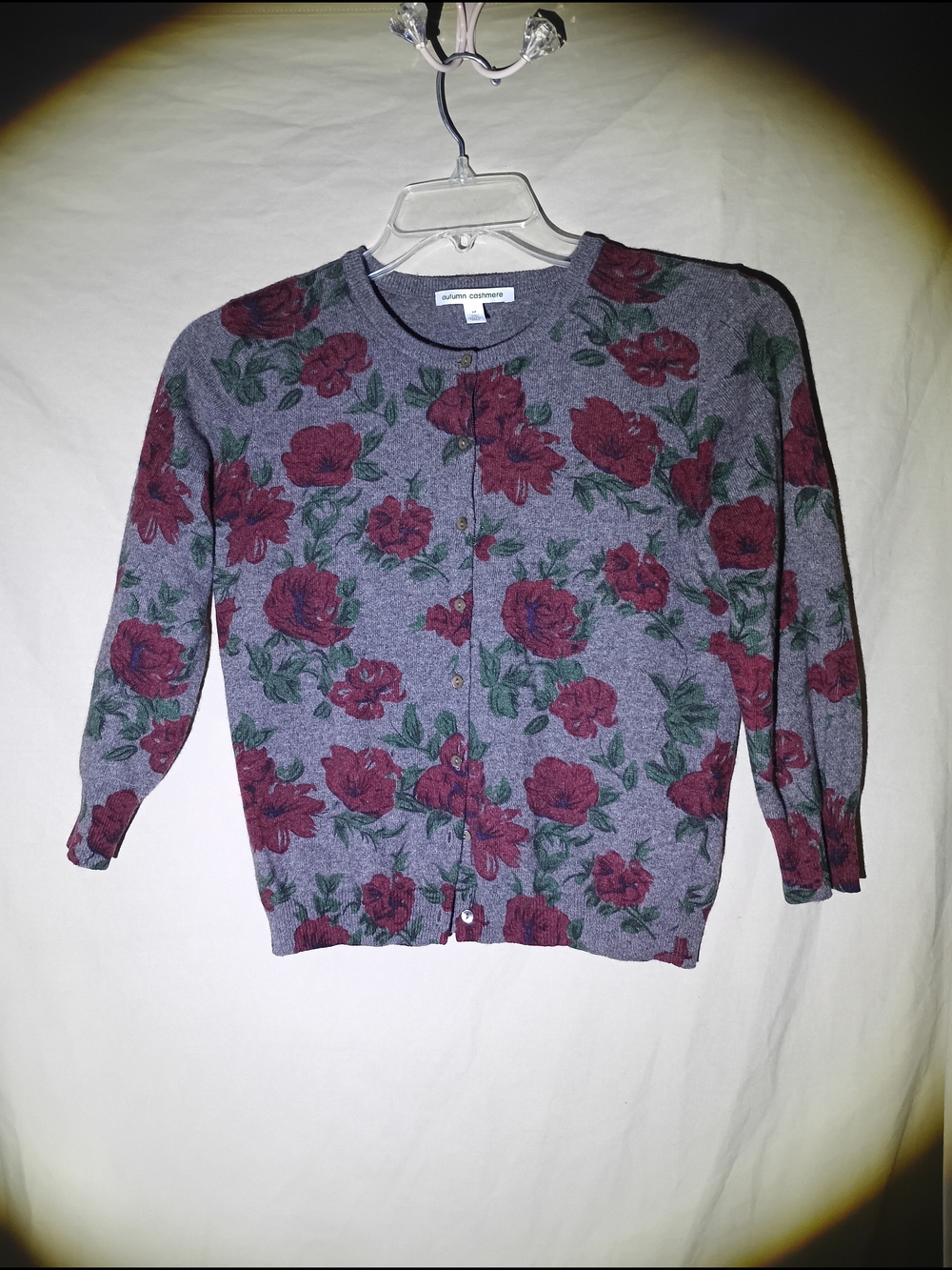 Talbots Floral Crewneck Cardigan Sweater - Gray with Red Roses